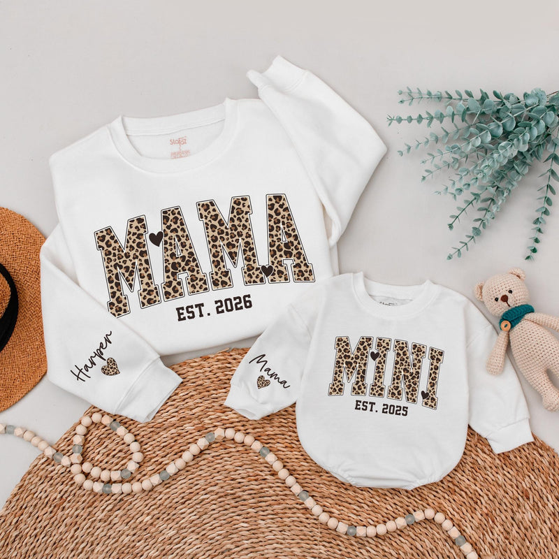 Custom Leopard Print Mama Mini Matching Sweatshirts, Soft Cotton Mommy and Me Outfits, Personalized Family Shirts for Mom and Baby