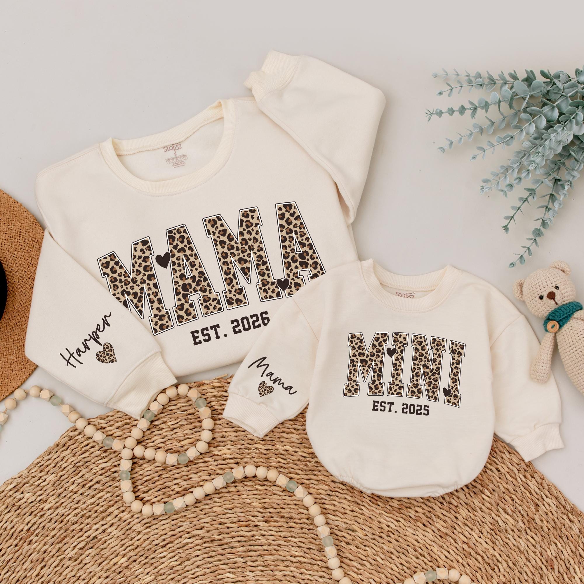 Custom Leopard Print Mama Mini Matching Sweatshirts, Soft Cotton Mommy and Me Outfits, Personalized Family Shirts for Mom and Baby