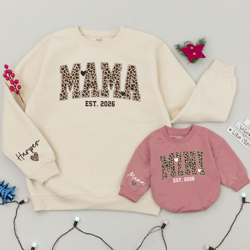 Custom Leopard Print Mama Mini Matching Sweatshirts, Soft Cotton Mommy and Me Outfits, Personalized Family Shirts for Mom and Baby