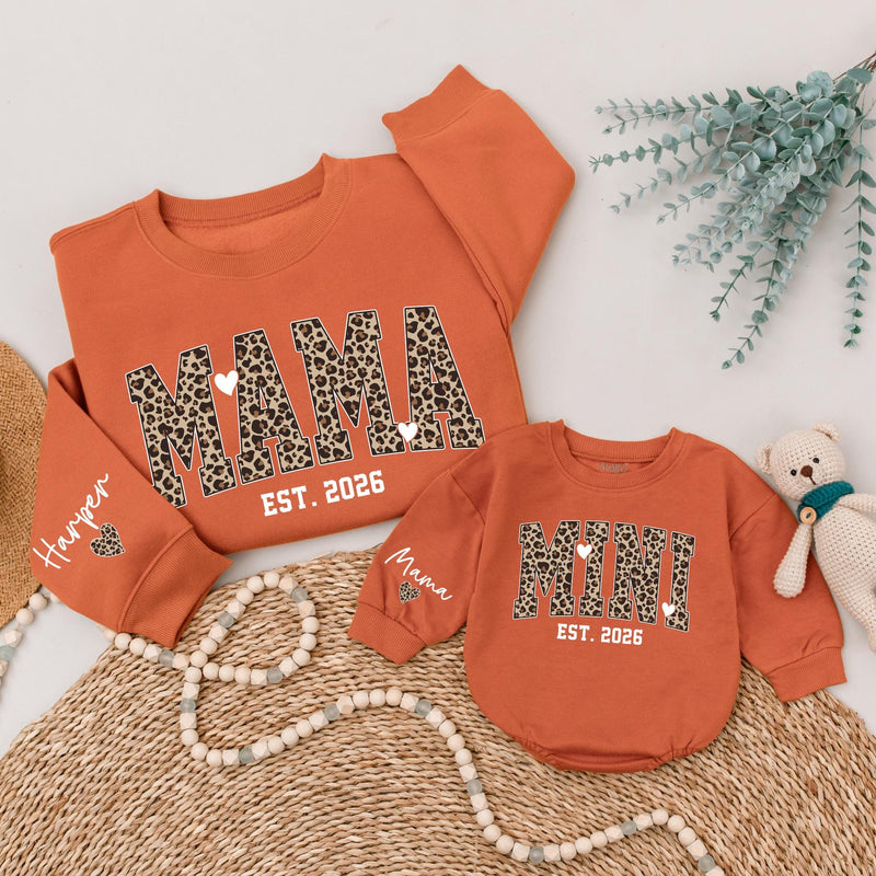 Custom Leopard Print Mama Mini Matching Sweatshirts, Soft Cotton Mommy and Me Outfits, Personalized Family Shirts for Mom and Baby