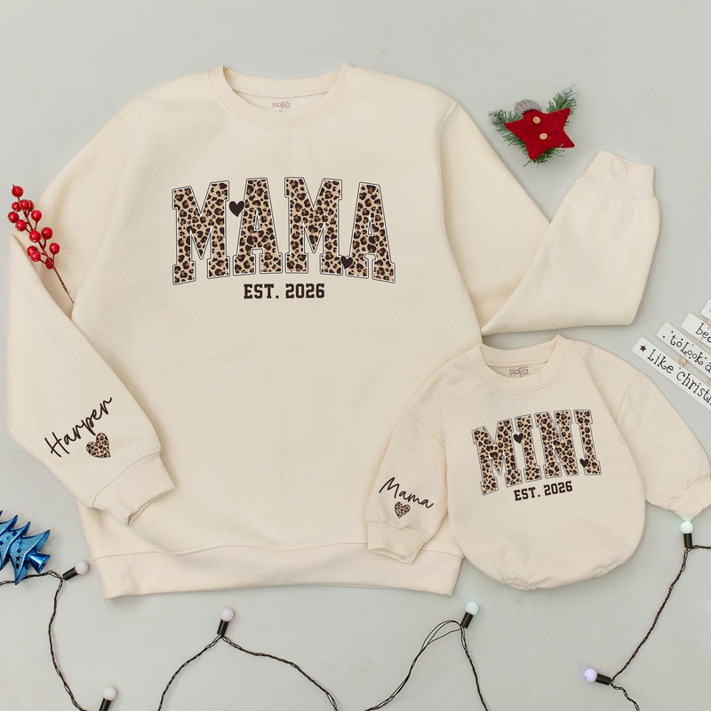 Custom Leopard Print Mama Mini Matching Sweatshirts, Soft Cotton Mommy and Me Outfits, Personalized Family Shirts for Mom and Baby
