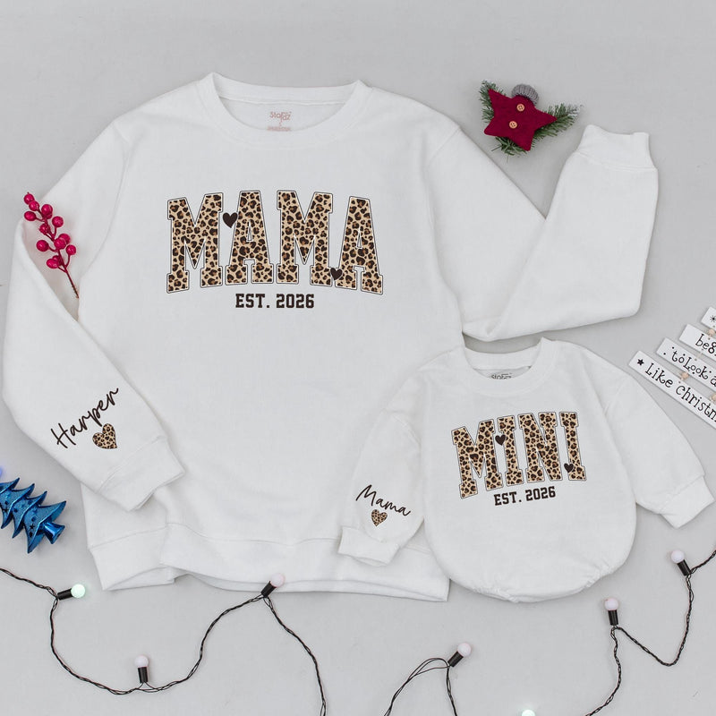 Custom Leopard Print Mama Mini Matching Sweatshirts, Soft Cotton Mommy and Me Outfits, Personalized Family Shirts for Mom and Baby
