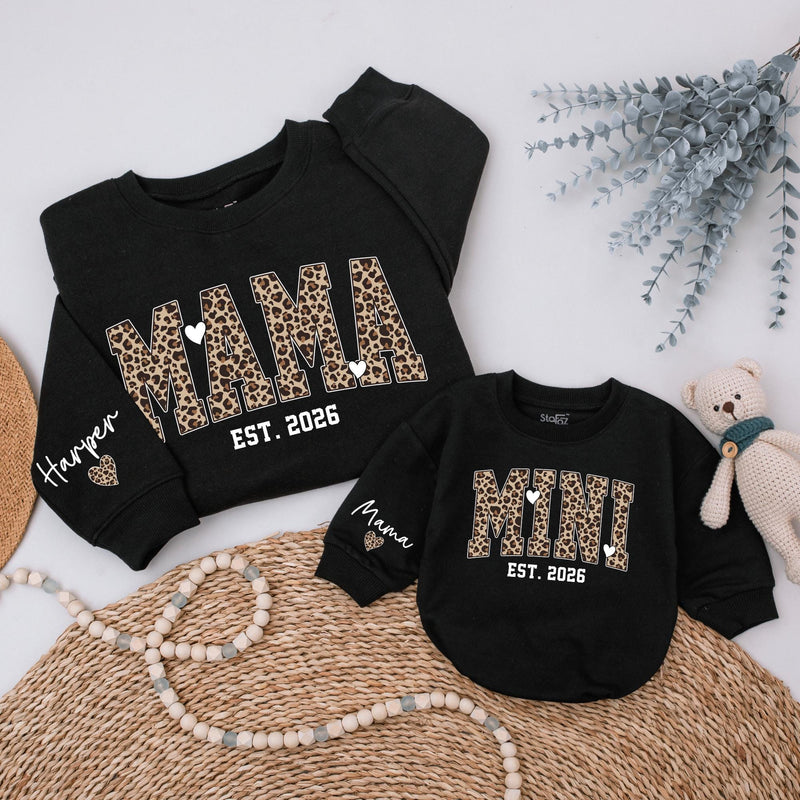 Custom Leopard Print Mama Mini Matching Sweatshirts, Soft Cotton Mommy and Me Outfits, Personalized Family Shirts for Mom and Baby