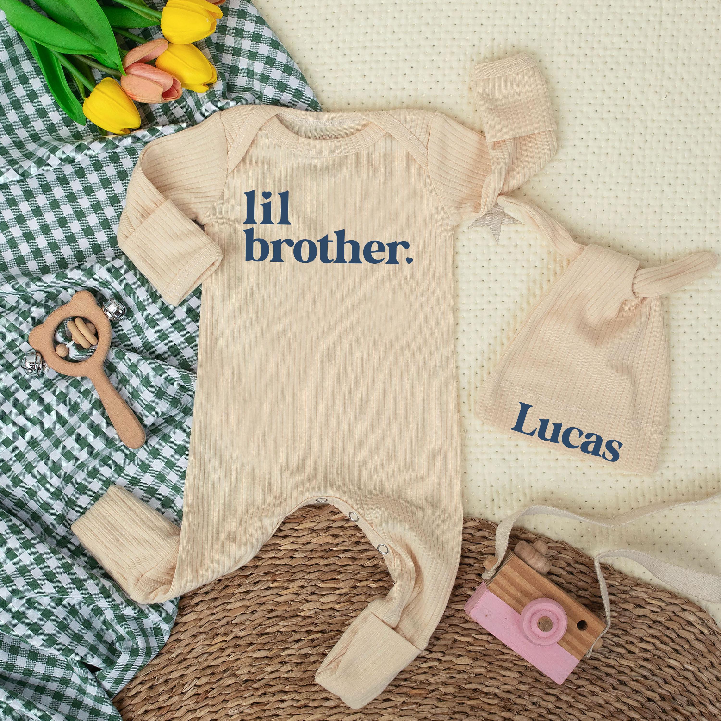 Custom Lil Brother Baby Romper with Hat, Beige Ribbed Cotton, Newborn Outfit, Baby Boy Coming Home Clothes, Personalized Baby Shower Gift
