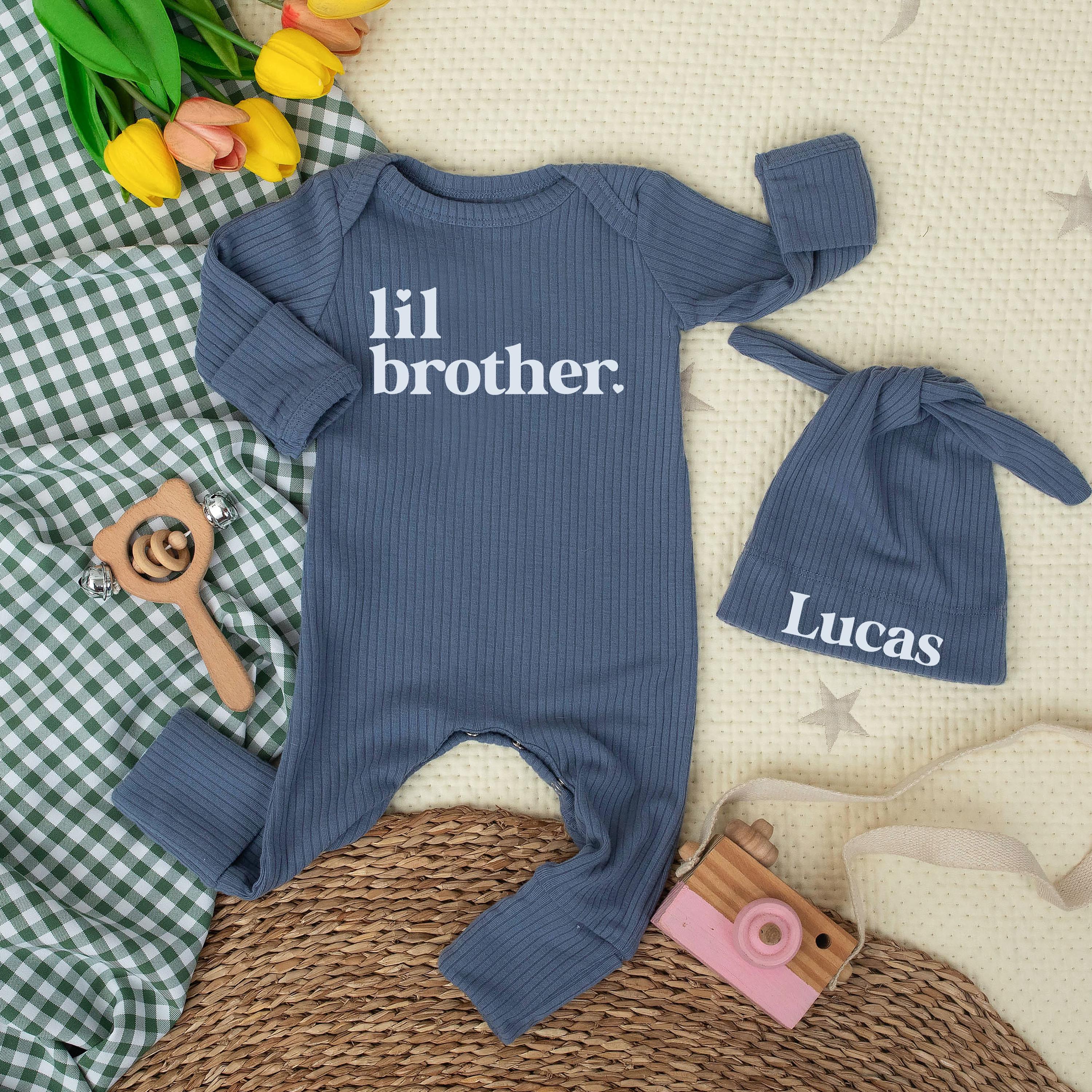 Custom Lil Brother Baby Romper with Hat, Beige Ribbed Cotton, Newborn Outfit, Baby Boy Coming Home Clothes, Personalized Baby Shower Gift