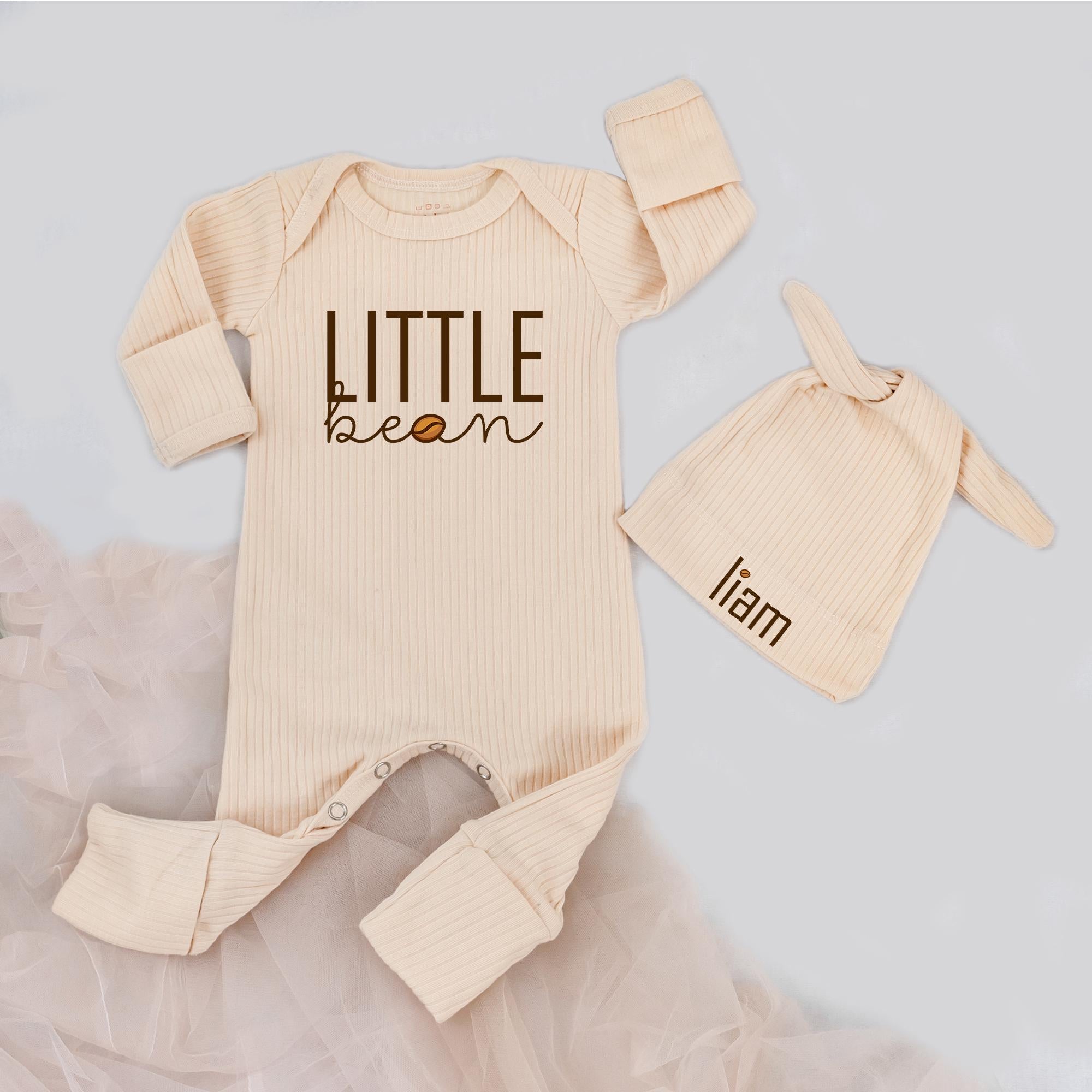 Custom Little Bean Baby Bodysuit and Hat Set - Soft Cotton Ribbed Newborn Outfit, Personalized Baby Shower Gift, Coming Home Clothes