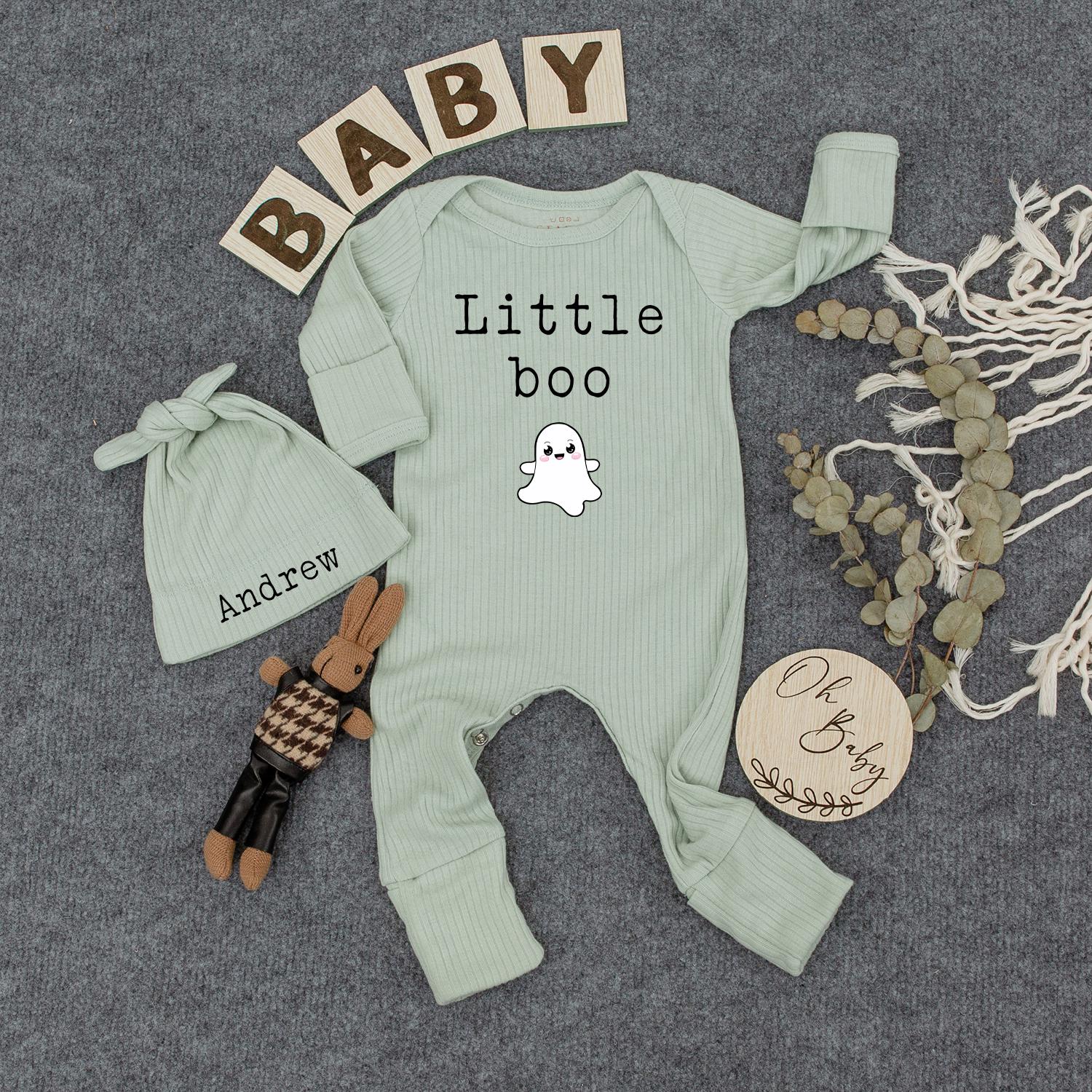 Custom Little Boo Baby Outfit with Ghost Graphic Cotton Newborn Romper Personalized Hat Soft Halloween Infant Clothes Gift for New Moms
