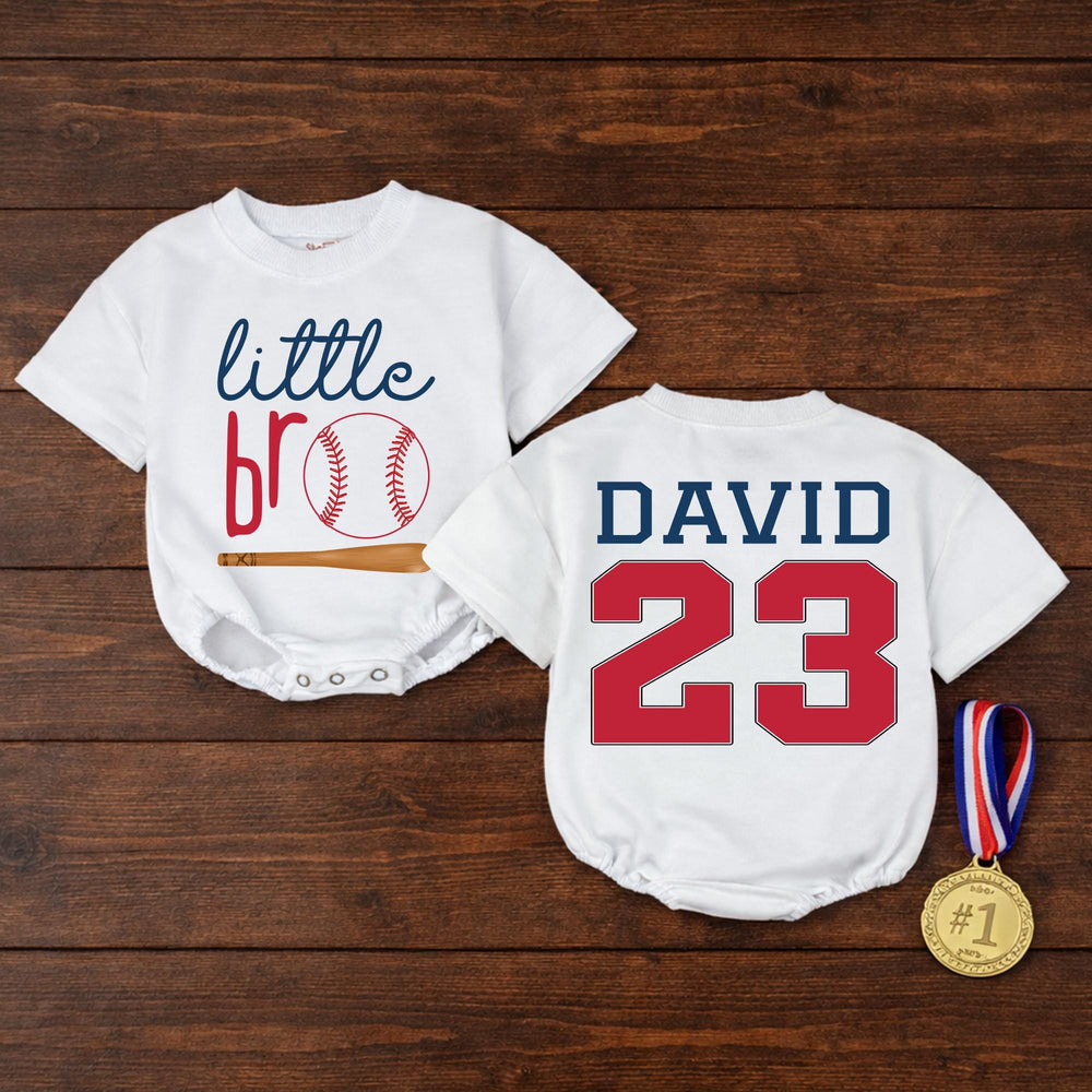 Custom Little Bro Baseball Romper with Name and Number, Red Navy Baby Outfit, Soft Cotton Sports Design for Infant or Toddler Gift