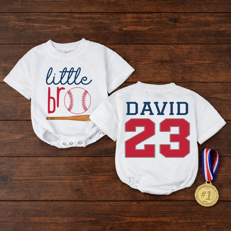 Custom Little Bro Baseball Romper with Name and Number, Red Navy Baby Outfit, Soft Cotton Sports Design for Infant or Toddler Gift