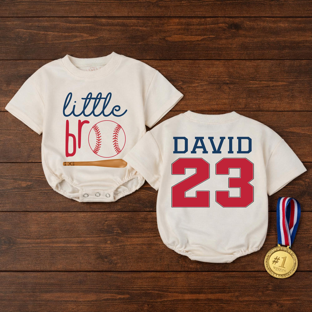 Custom Little Bro Baseball Romper with Name and Number, Red Navy Baby Outfit, Soft Cotton Sports Design for Infant or Toddler Gift