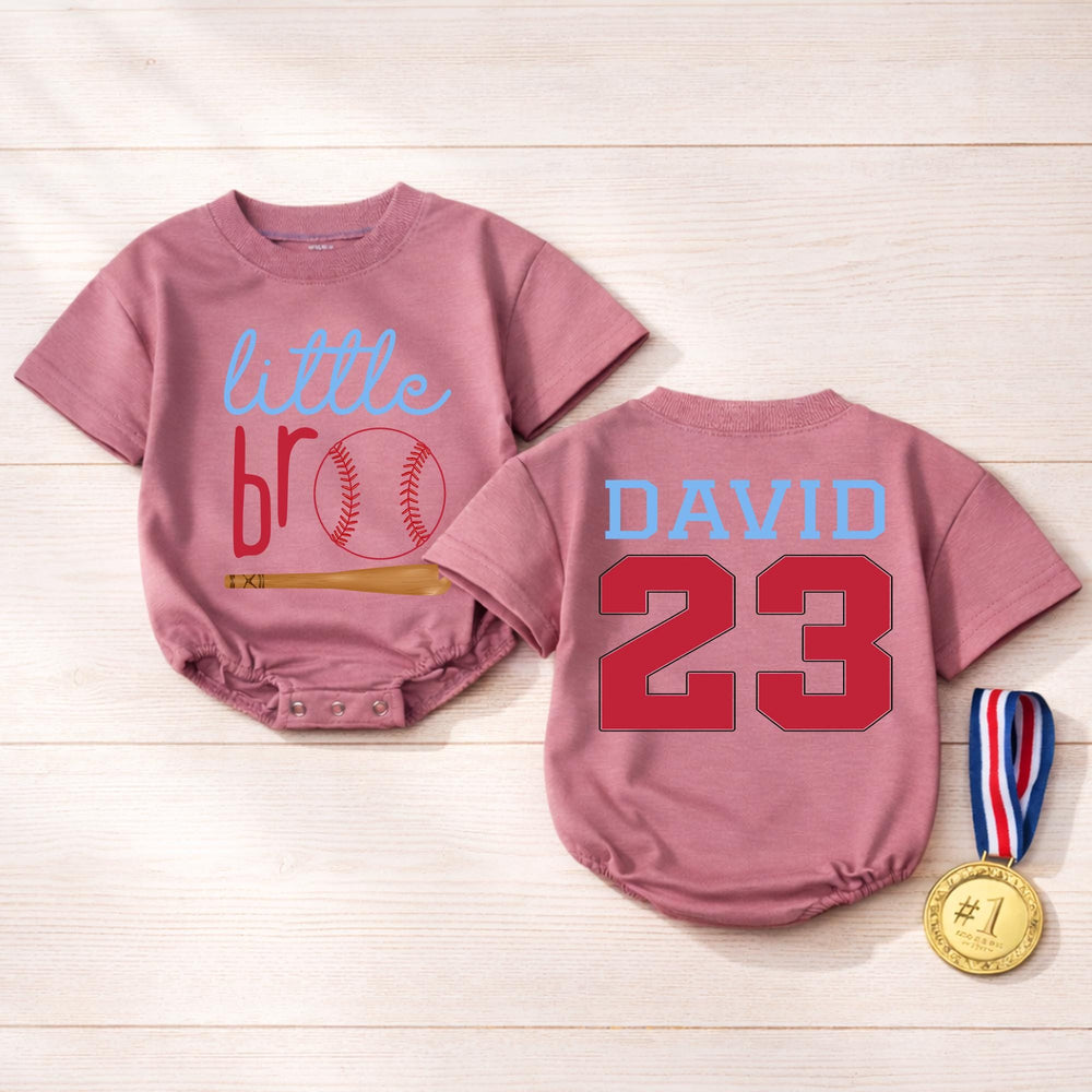 Custom Little Bro Baseball Romper with Name and Number, Red Navy Baby Outfit, Soft Cotton Sports Design for Infant or Toddler Gift