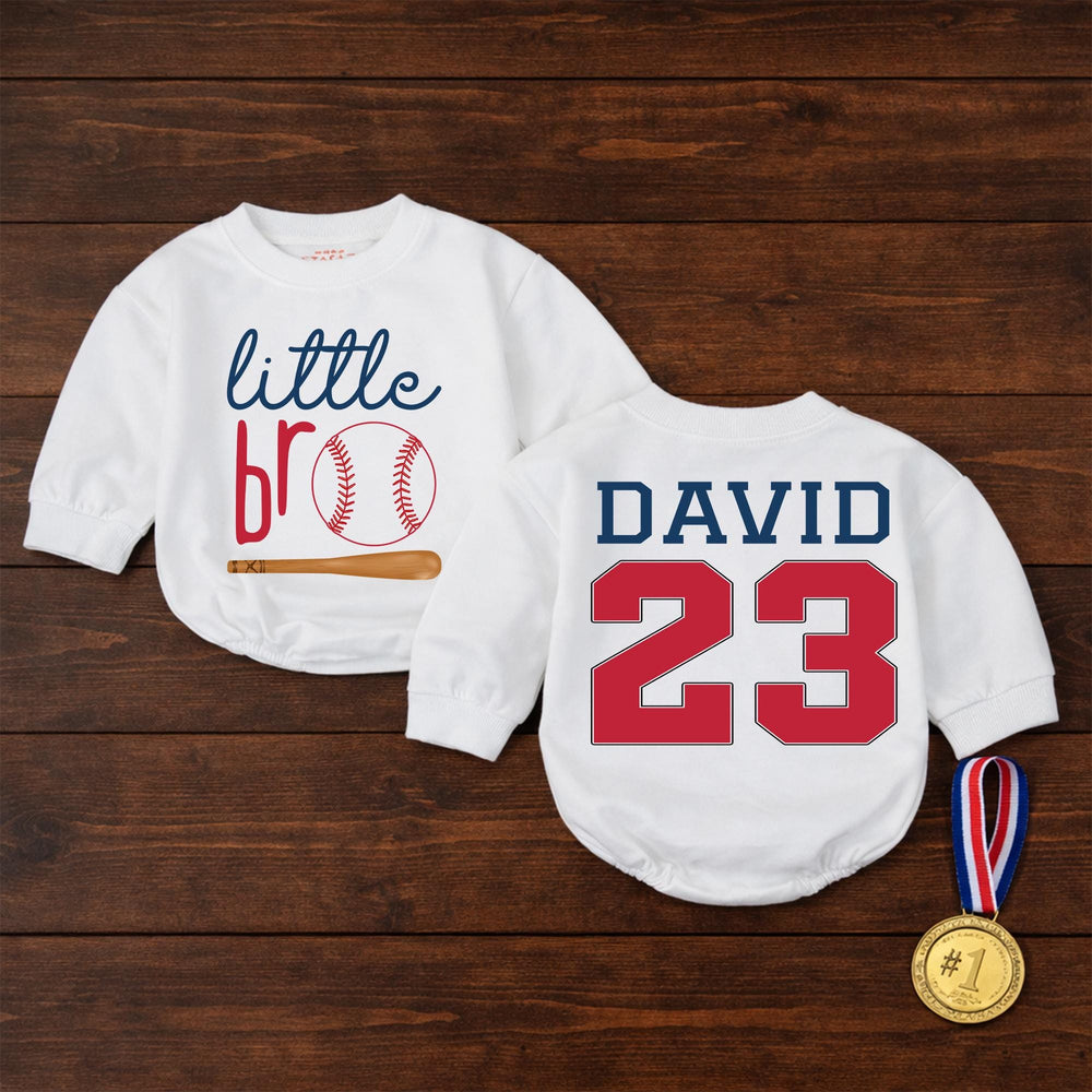 Custom Little Bro Baseball Romper with Name and Number, Red Navy Baby Outfit, Soft Cotton Sports Design for Infant or Toddler Gift