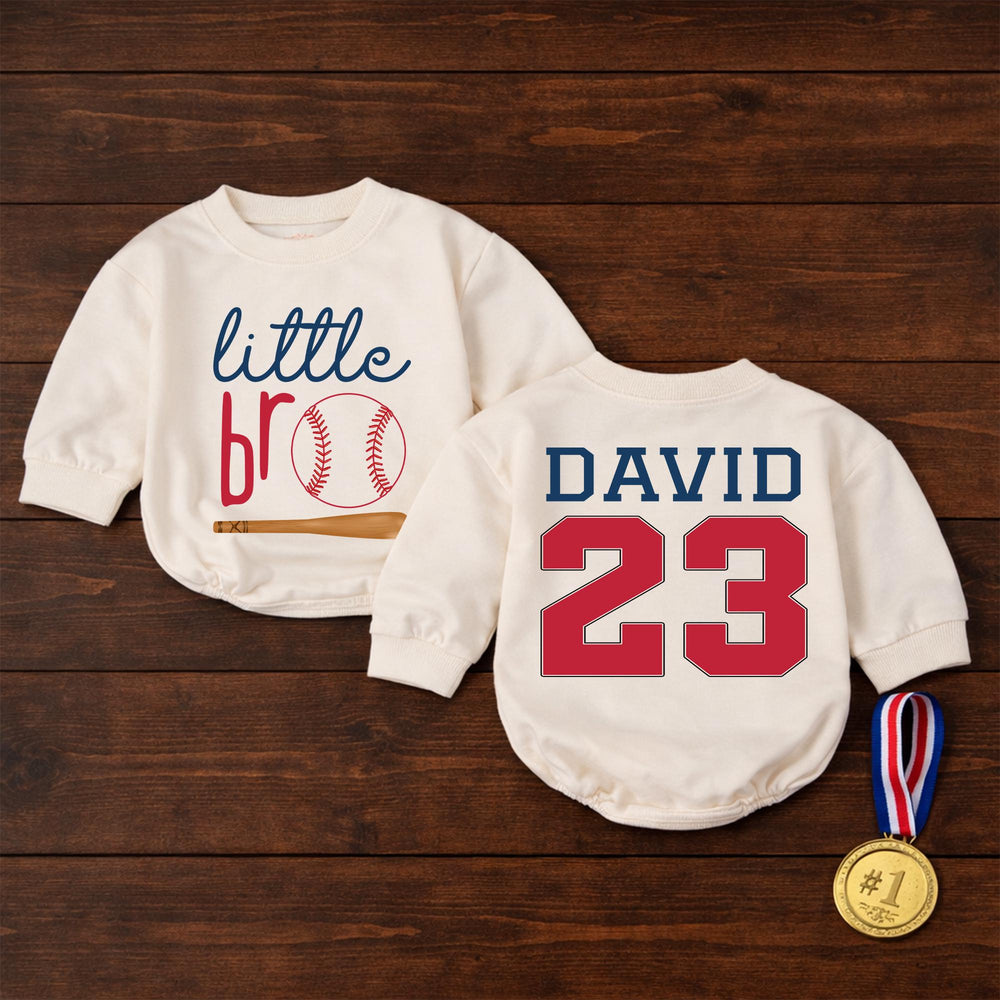 Custom Little Bro Baseball Romper with Name and Number, Red Navy Baby Outfit, Soft Cotton Sports Design for Infant or Toddler Gift