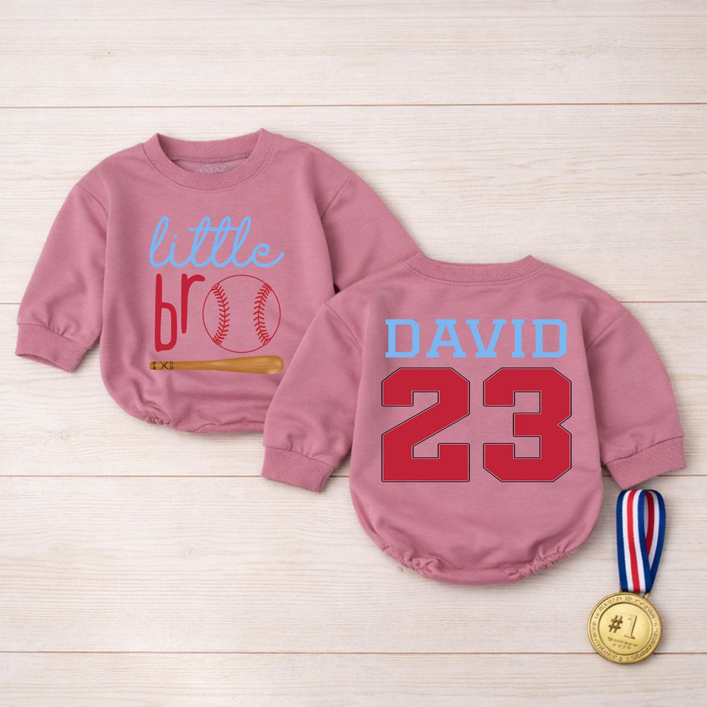 Custom Little Bro Baseball Romper with Name and Number, Red Navy Baby Outfit, Soft Cotton Sports Design for Infant or Toddler Gift