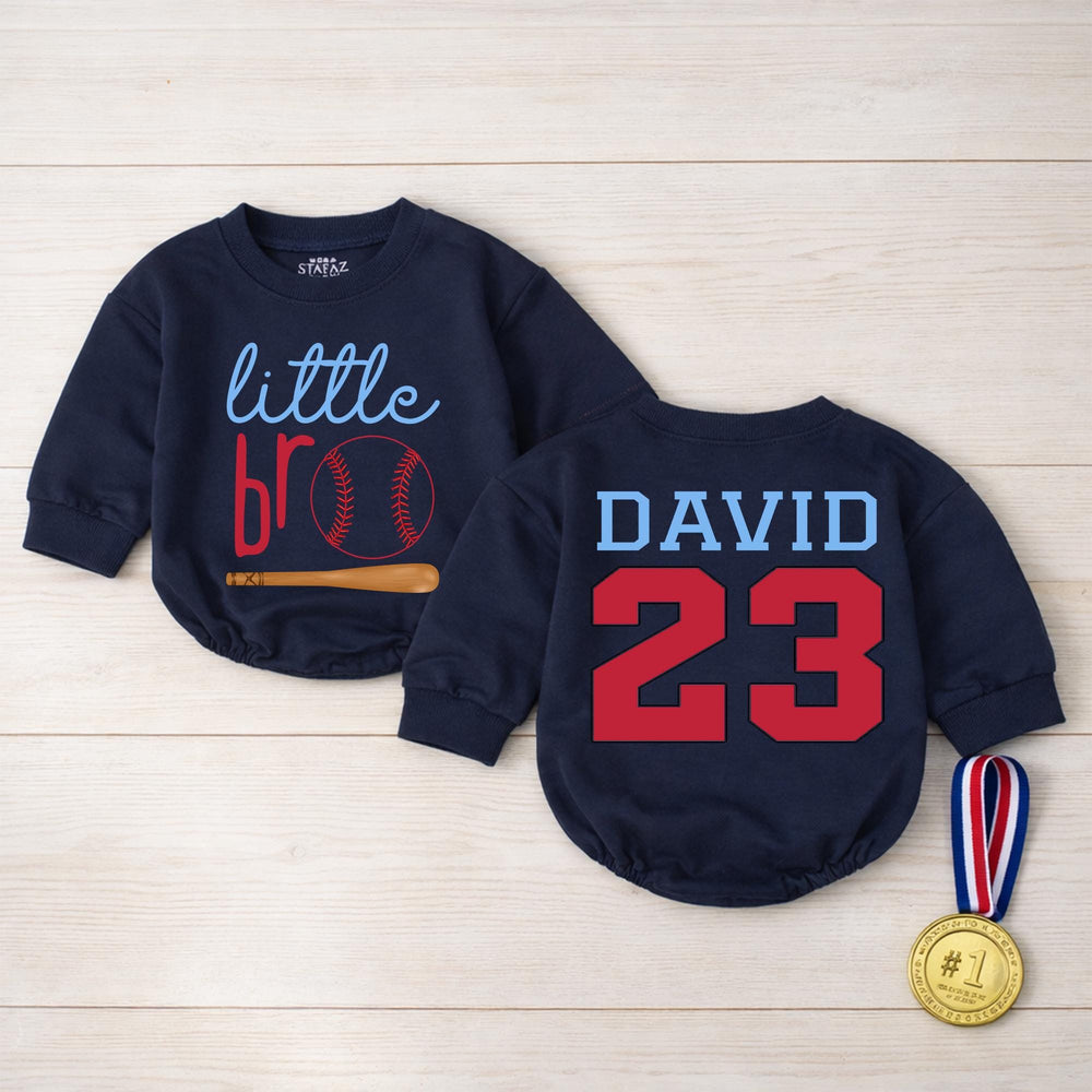 Custom Little Bro Baseball Romper with Name and Number, Red Navy Baby Outfit, Soft Cotton Sports Design for Infant or Toddler Gift