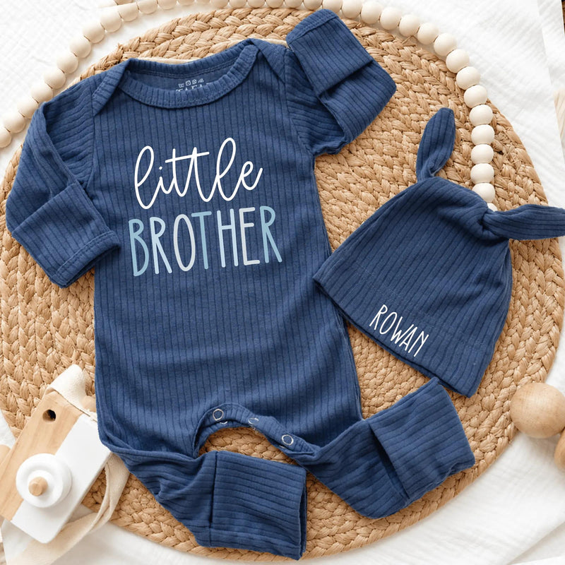 Custom Little Brother Baby Outfit with Name, Soft Ribbed Bodysuit and Hat Set, Newborn Homecoming Gift, Modern Minimalist Style