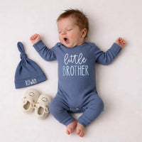 Custom Little Brother Baby Outfit with Name, Soft Ribbed Bodysuit and Hat Set, Newborn Homecoming Gift, Modern Minimalist Style
