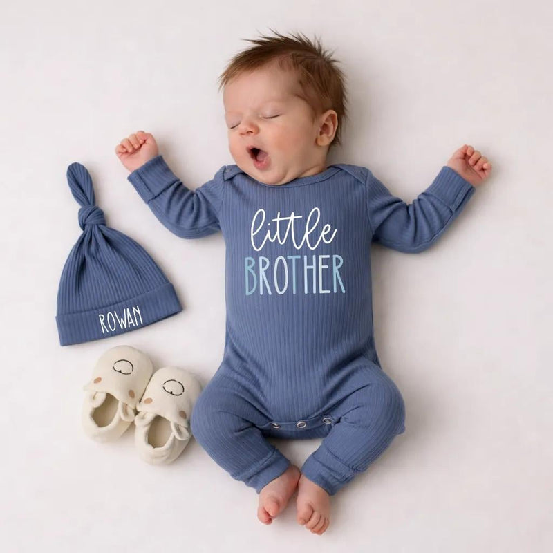 Custom Little Brother Baby Outfit with Name, Soft Ribbed Bodysuit and Hat Set, Newborn Homecoming Gift, Modern Minimalist Style