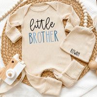 Custom Little Brother Baby Outfit with Name, Soft Ribbed Bodysuit and Hat Set, Newborn Homecoming Gift, Modern Minimalist Style