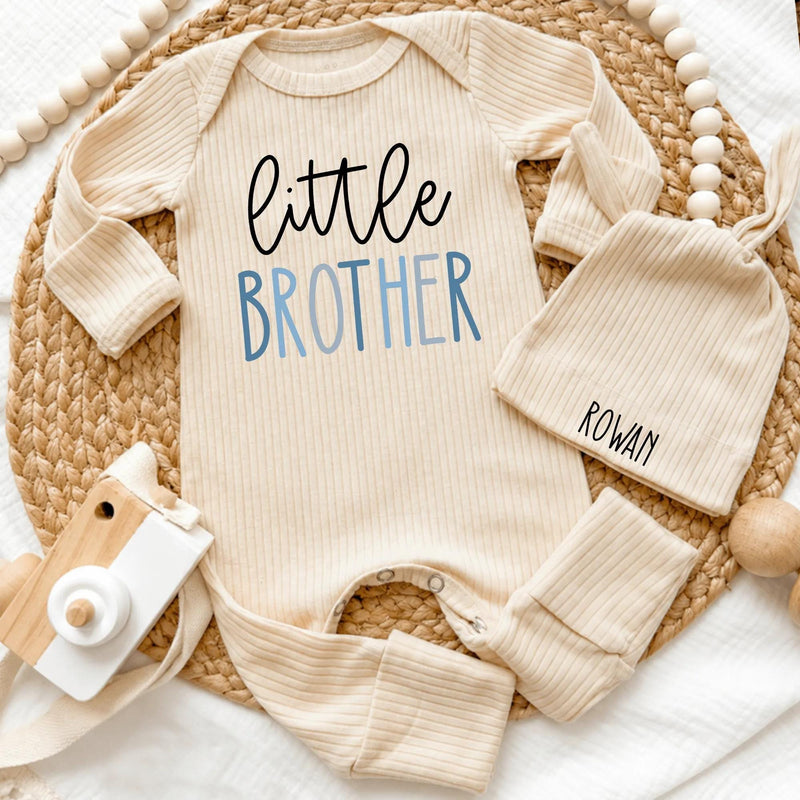 Custom Little Brother Baby Outfit with Name, Soft Ribbed Bodysuit and Hat Set, Newborn Homecoming Gift, Modern Minimalist Style