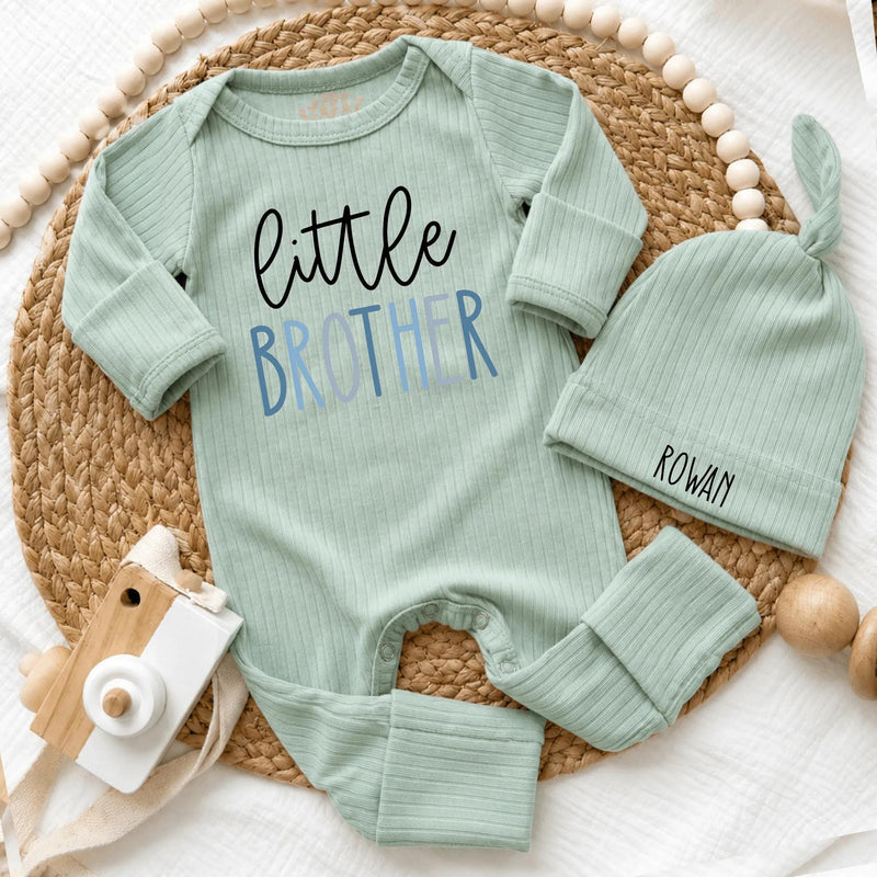 Custom Little Brother Baby Outfit with Name, Soft Ribbed Bodysuit and Hat Set, Newborn Homecoming Gift, Modern Minimalist Style