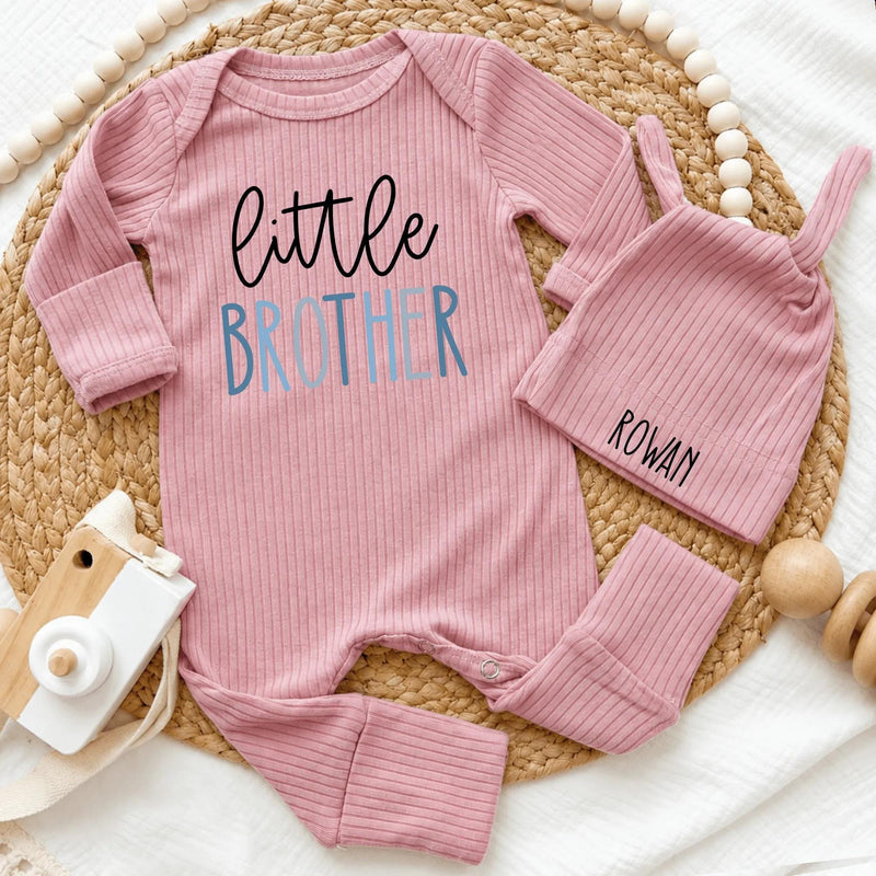 Custom Little Brother Baby Outfit with Name, Soft Ribbed Bodysuit and Hat Set, Newborn Homecoming Gift, Modern Minimalist Style