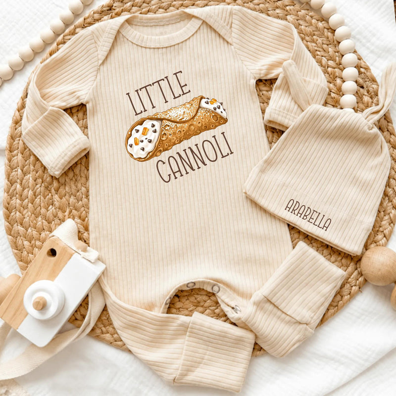 Custom Little Cannoli Baby Bodysuit & Hat Set, Soft Cotton Newborn Outfit for Italian Baby Gift, Personalized Name, Perfect for Photos