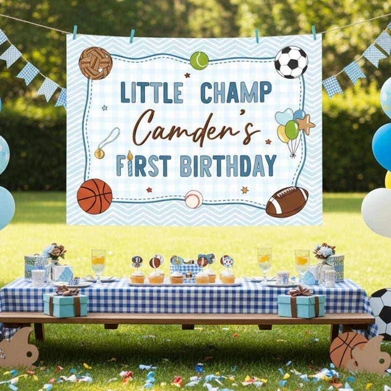 Custom Little Champ Sports-Themed 1st Birthday Silk Banner for Baby Boy, Personalized Name Backdrop Party Decor, Photo Prop Keepsake
