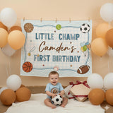 Custom Little Champ Sports-Themed 1st Birthday Silk Banner for Baby Boy, Personalized Name Backdrop Party Decor, Photo Prop Keepsake