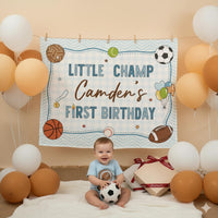 Custom Little Champ Sports-Themed 1st Birthday Silk Banner for Baby Boy, Personalized Name Backdrop Party Decor, Photo Prop Keepsake
