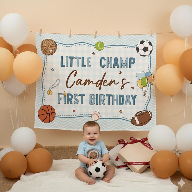 Custom Little Champ Sports-Themed 1st Birthday Silk Banner for Baby Boy, Personalized Name Backdrop Party Decor, Photo Prop Keepsake