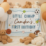 Custom Little Champ Sports-Themed 1st Birthday Silk Banner for Baby Boy, Personalized Name Backdrop Party Decor, Photo Prop Keepsake