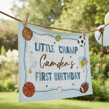 Custom Little Champ Sports-Themed 1st Birthday Silk Banner for Baby Boy, Personalized Name Backdrop Party Decor, Photo Prop Keepsake