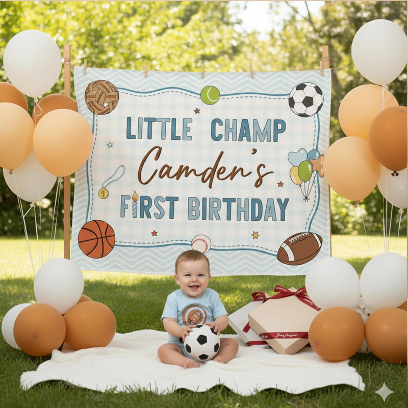 Custom Little Champ Sports-Themed 1st Birthday Silk Banner for Baby Boy, Personalized Name Backdrop Party Decor, Photo Prop Keepsake