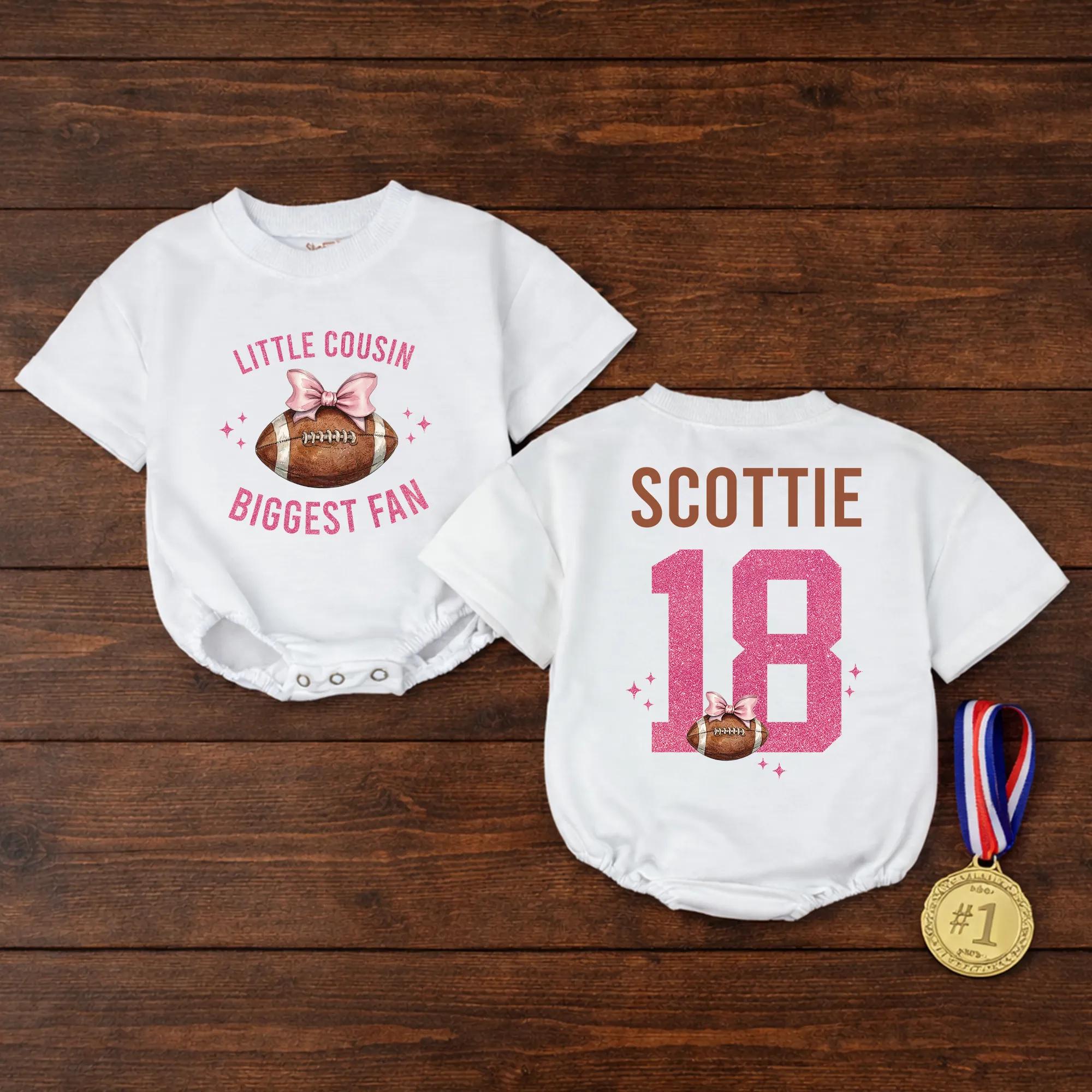 Custom Little Cousin Biggest Fan Romper or Kids Shirt with Football Artwork, Soft Cotton Outfit for Baby Girl or Toddler Game Day
