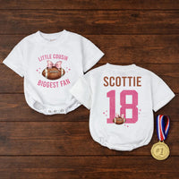 Custom Little Cousin Biggest Fan Romper or Kids Shirt with Football Artwork, Soft Cotton Outfit for Baby Girl or Toddler Game Day
