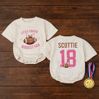 Custom Little Cousin Biggest Fan Romper or Kids Shirt with Football Artwork, Soft Cotton Outfit for Baby Girl or Toddler Game Day