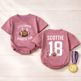 Custom Little Cousin Biggest Fan Romper or Kids Shirt with Football Artwork, Soft Cotton Outfit for Baby Girl or Toddler Game Day