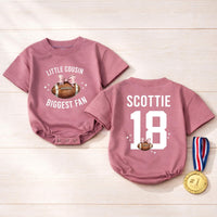 Custom Little Cousin Biggest Fan Romper or Kids Shirt with Football Artwork, Soft Cotton Outfit for Baby Girl or Toddler Game Day