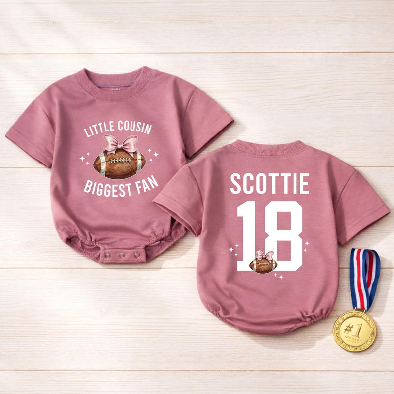 Custom Little Cousin Biggest Fan Romper or Kids Shirt with Football Artwork, Soft Cotton Outfit for Baby Girl or Toddler Game Day