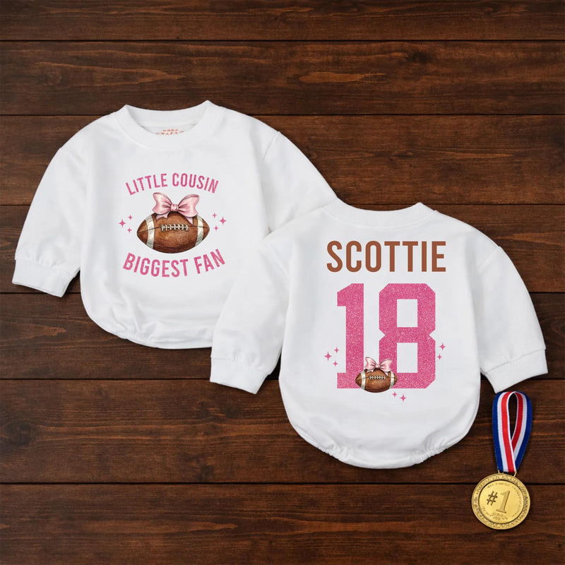 Custom Little Cousin Biggest Fan Romper or Kids Shirt with Football Artwork, Soft Cotton Outfit for Baby Girl or Toddler Game Day