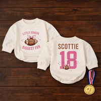 Custom Little Cousin Biggest Fan Romper or Kids Shirt with Football Artwork, Soft Cotton Outfit for Baby Girl or Toddler Game Day