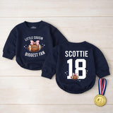Custom Little Cousin Biggest Fan Romper or Kids Shirt with Football Artwork, Soft Cotton Outfit for Baby Girl or Toddler Game Day