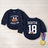 Custom Little Cousin Biggest Fan Romper or Kids Shirt with Football Artwork, Soft Cotton Outfit for Baby Girl or Toddler Game Day