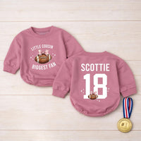 Custom Little Cousin Biggest Fan Romper or Kids Shirt with Football Artwork, Soft Cotton Outfit for Baby Girl or Toddler Game Day