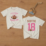 Custom Little Cousin Biggest Fan Romper or Kids Shirt with Football Artwork, Soft Cotton Outfit for Baby Girl or Toddler Game Day