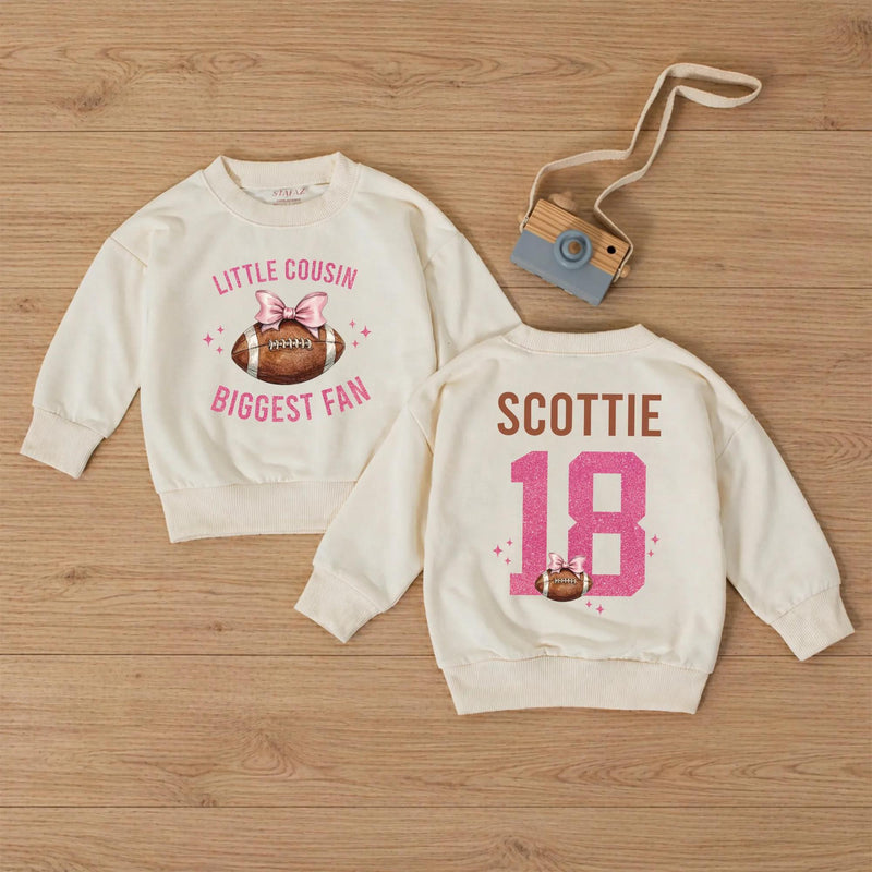 Custom Little Cousin Biggest Fan Romper or Kids Shirt with Football Artwork, Soft Cotton Outfit for Baby Girl or Toddler Game Day