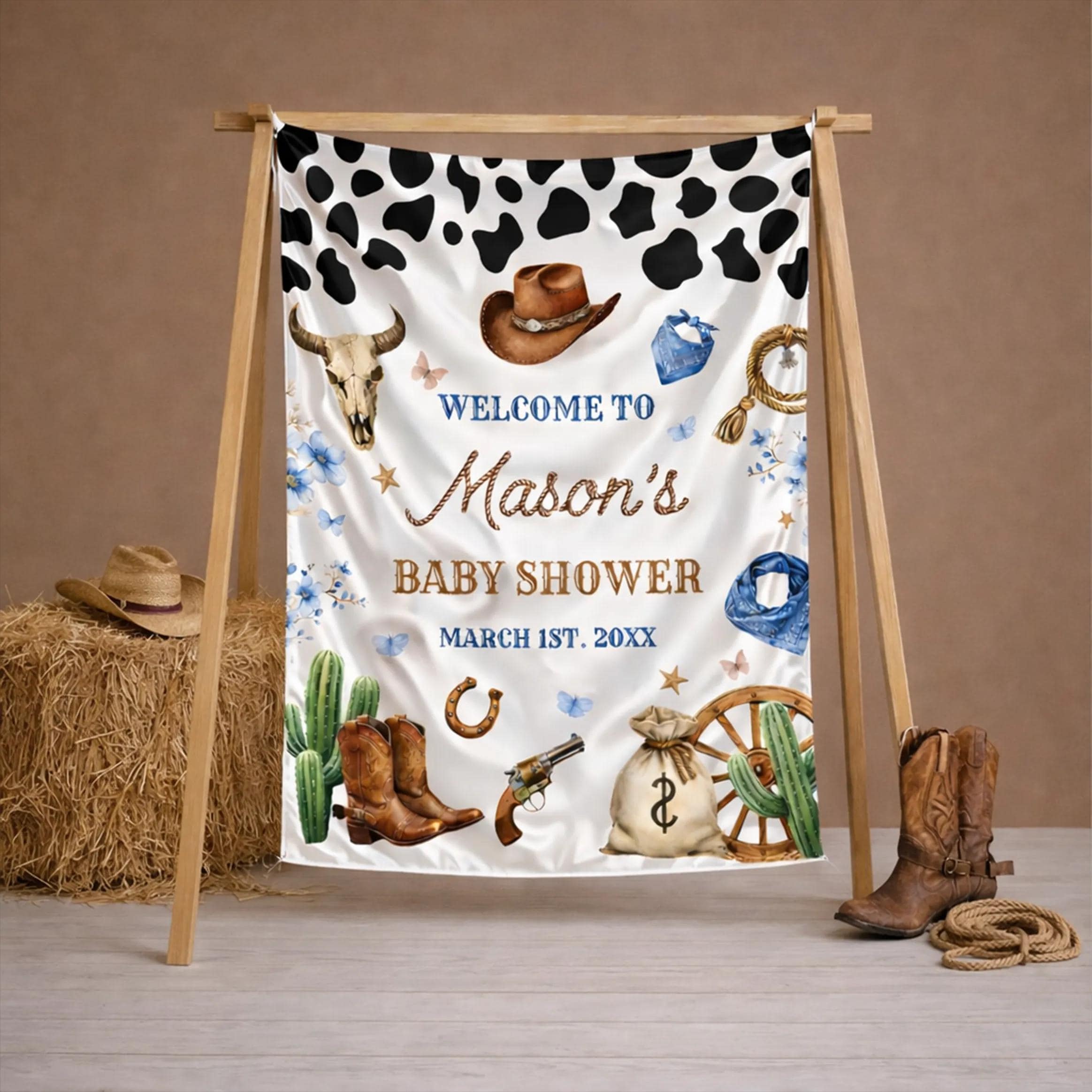 Custom Little Cowboy Baby Shower Silk Welcome Sign with Wild West Theme, Personalized Decor Featuring Cactus, Lasso, Hat, and Date