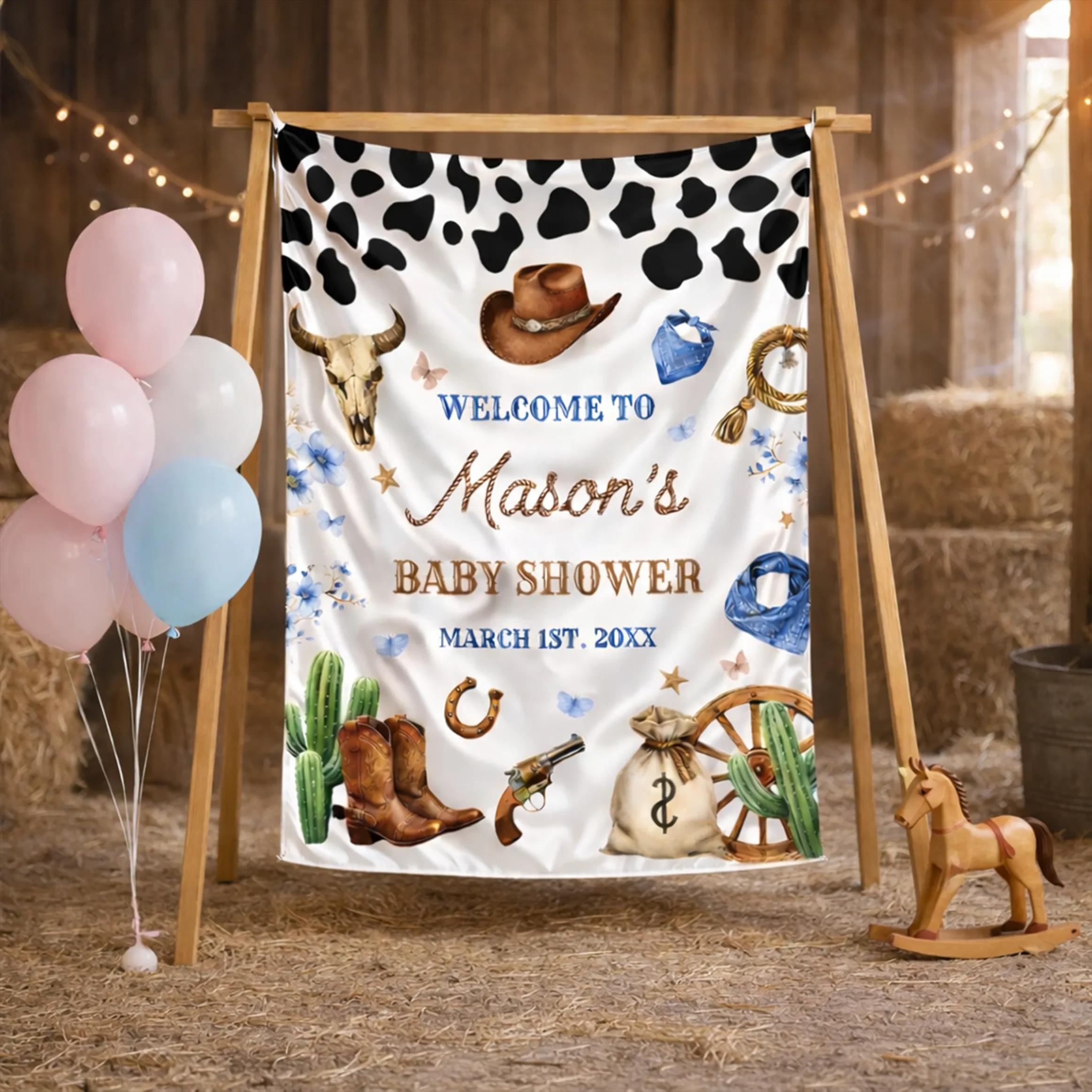Custom Little Cowboy Baby Shower Silk Welcome Sign with Wild West Theme, Personalized Decor Featuring Cactus, Lasso, Hat, and Date