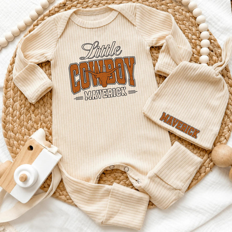 Custom Little Cowboy Bodysuit & Hat Set for Baby Boys, Western Take-Home Outfit with Name, Soft Cotton Newborn Gift for Country Style